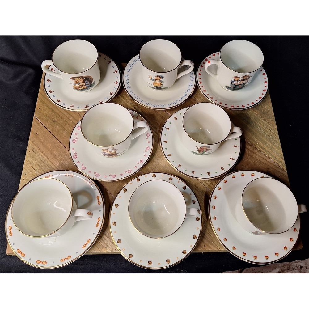 Set of 8 MJ Hummel Tea Cup and Saucer Japan Porcelain Gold Trim Apple Tree Girl
